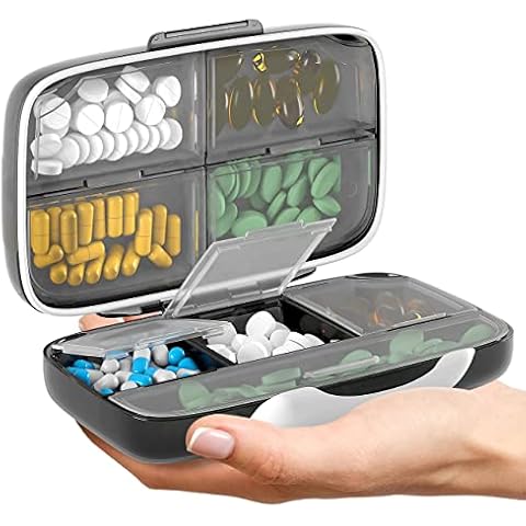 Travel Pill Organizer - Airtight Medicine Case for Traveling Portable Pharmacy Box with Labels Vitamin Container 8 Compartment Supplement Medication Holder Large Capacity Daily (Black) Cover