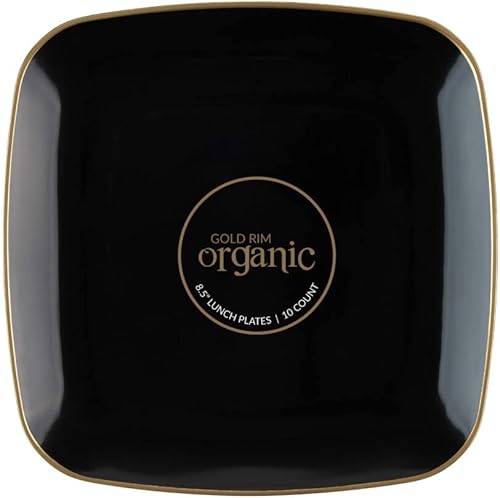 PARTY BARGAINS Platos cuadrados desechables de 8.5 pulgadas de la colección orgánica, paquete de 20, negro con borde dorado, elegantes platos de