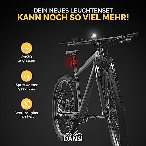 DANSI Fahrradleuchten-Set StVZO I LED-Fahrradlicht I Rad-Licht hell vorne + hinten I umschaltbar 15-100 Lux I Rücklicht & Frontleuchte I Regenfest I Fahrradlampe I bike light