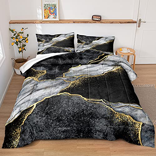 Black Marble Comforter Set Gold Metallic Marble Comforter Black Gold Abstract Marble Texture Printed Boho Hippie Down Comforter Queen 1 Comforter 2 Pillowcases (Queen, Marble) #TOP6