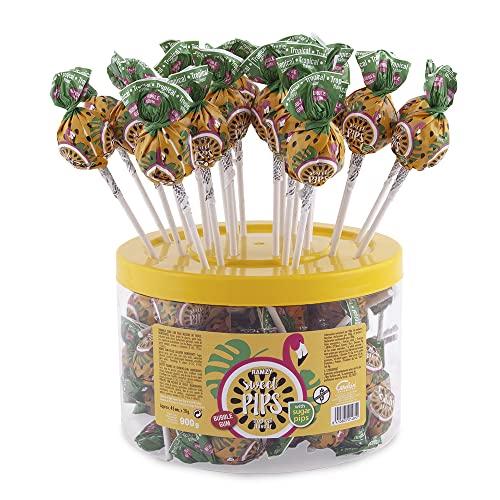 Caramelos Cerdán - Caramelo con Palo Sabor Tropical Sweet Pips | Tarro de 45 Unidades | Caramelo Duro Relleno de Chicle y con Pepitas Sin Gluten ni Alérgenos | Ideal para San Valentin y Cumpleaños