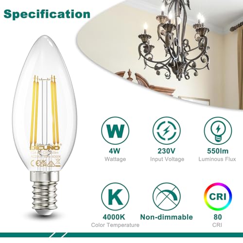 DiCUNO E14 Candle LED Bulbs, Small Screw E14 LED, 4W, 550LM, 40W Incandescent Equivalent, Natural White 4000K, SES C35 Clear Filament Bulbs for Chandeliers, 6Pcs