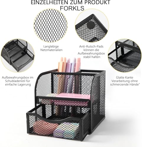 FORKLS Schreibtischorganizer – Metallgitter Stiftehalter mit 4 Fächern & Ausziehbarer Schublade, Kompakte Büroorganisation für Büro, Zuhause & Schule