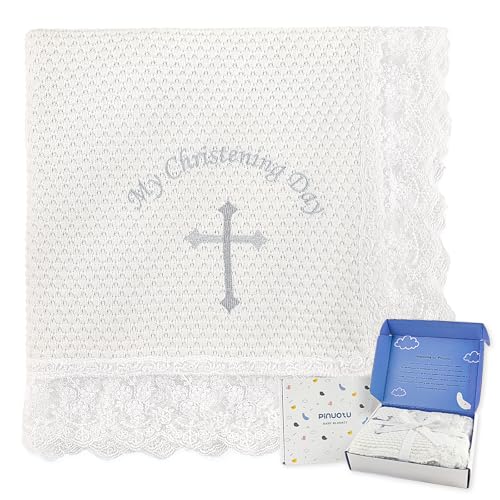 Pinuotu Baby Baptism Blanket – 100% Cotton Knit Christening Blanket with Lace Trim & Embroidered Cross, 40