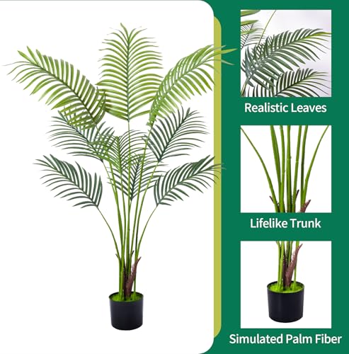 Artificial Golden Cane Palm Tree 4 Feet Faux Plant for Home Decor Indoor Outdoor Faux Areca Palm Tree in Pot for Home Office Perfect Housewarming Gift with Adjustable Trunks