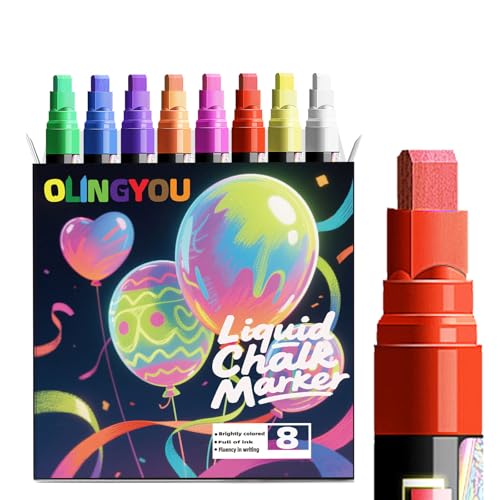 OLINGYOU Window Chalk Markers for Cars Glass Washable, 8 Colors Liquid Chalk Marker Pens with 7mm 2 in 1 Nib Wide Tips, Big Chalkboard Markers Car Window pens