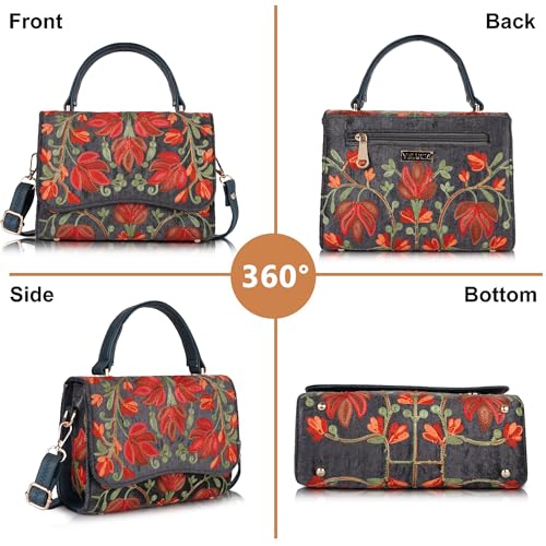 Image of Floral Embroidered Crossbody Sling Bag with Top Handle, Vintage Style Canvas for Women