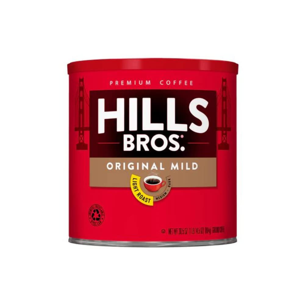 Hills Bros. Original Mild Ground Coffee – Premium Arabica Coffee Beans – Light Roast, Rich Flavor Cup After Cup – Recyclable Steel Can for Freshness – Certified Kosher – 30.5 OZ Can