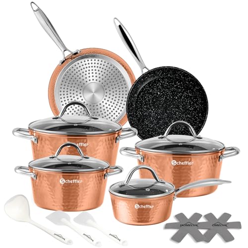 Topfset, Scheffler Topfset Induktion 15-teilig, Induktions Töpfe Set, Töpfe mit Glasdeckel, Kochtopf-Set, Töpfe und Pfannen, Induktionsgeeignet, Edelstahl Griff-Copper