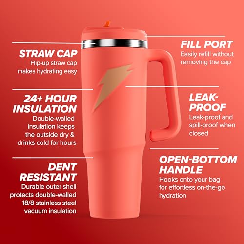 Image of Gatorade Crossover Stainless Steel Tumbler Water Bottle, Coral, Double-Wall Insulation, 36 fl oz