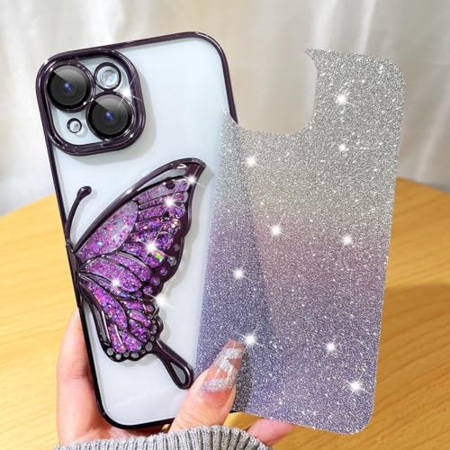 Image of SHINESTAR 3D Butterfly Case for iPhone 15 Cover, Cute Girly Glitter Bling Luxury Back Cover for Women Girls Protective Shockproof Slim Camera Protection for iPhone 15 - Purple