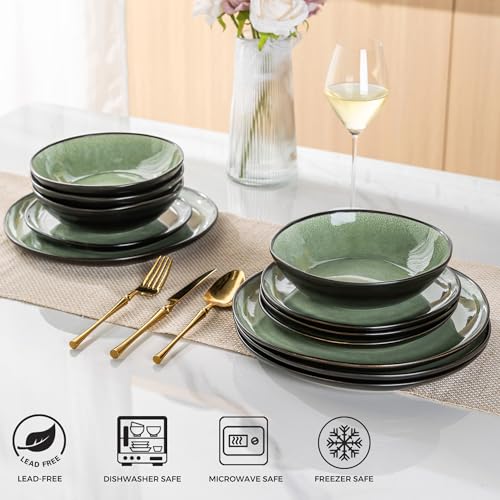 Image of AmorArc Ceramic Dinnerware Sets for 4, 12Pcs Plates and Bowls Sets Dishes | Stoneware Handmade Reactive Glaze Dinner Set, Highly Scratch Resistant | Dishwasher & Microwave Safe Dishware