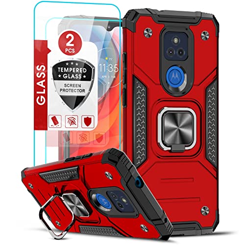 LeYi Compatible with Moto G Play 2021 Case, Motorola G Play Case with [2 x Tempered Glass Screen Protector], [Military-Grade] Phone Case Cover with Ring Kickstand for Motorola G Play 2021, Red