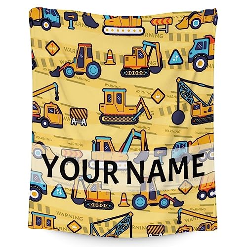 Personalized Construction Truck Blanket Gifts with Name - 50x60 Inches Funny Throw Blanket for Boys & Kids - Yellow Soft Fuzzy Excavator Blankets for Bed, Couch & Living Room