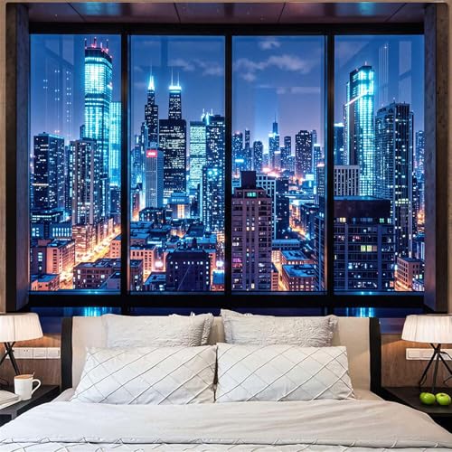 Lifeella City Night Window Tapestry, Cyberpunk Skyscraper Wall Backdrop, Blue Neon Urban View Mural for Bedroom Living Room Decor, 36x48 inches