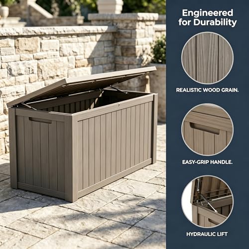 Image of 178 Gallon Resin Deck Box with Gas Lift Support - Outdoor Storage for Patio Furniture, Garden Tools & BBQ Accessories - Weatherproof Wood Grain Design with 660 Lbs Bench Seat (Lockable Lid)
