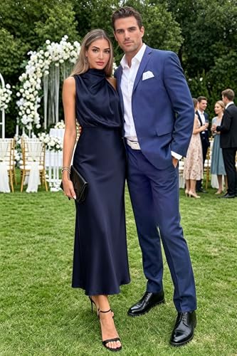 Image of Women's Satin Maxi Dress Summer Formal Wedding Guest Cocktail Dress | Mock Neck Sleeveless,Elegant Silk Midi Long Dress,High Neck,Halter,Aline,Bridesmaid,Bridal Shower Guest,Garden Party,Dinner