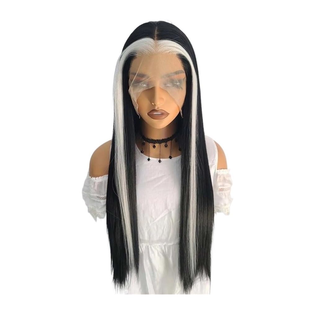 Parrucca frontale in pizzo 13×4 con meches in bianco e nero, parrucche sintetiche resistenti al calore, densità 150, senza colla, for uso quotidiano da donna(24 inch)