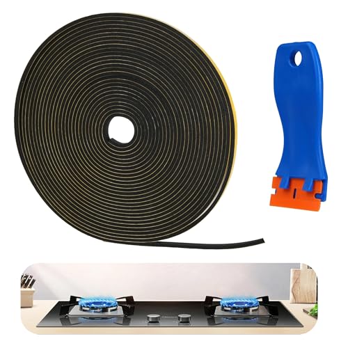 Joint Mousse Adhésif Autocollant 5m, Joint Fenetre Isolation pour Plaque de Cuisson, 6 x 3mm x 5m Join t Autocollant avec Grattoir Plaque Vitrocéramique, Mousse...