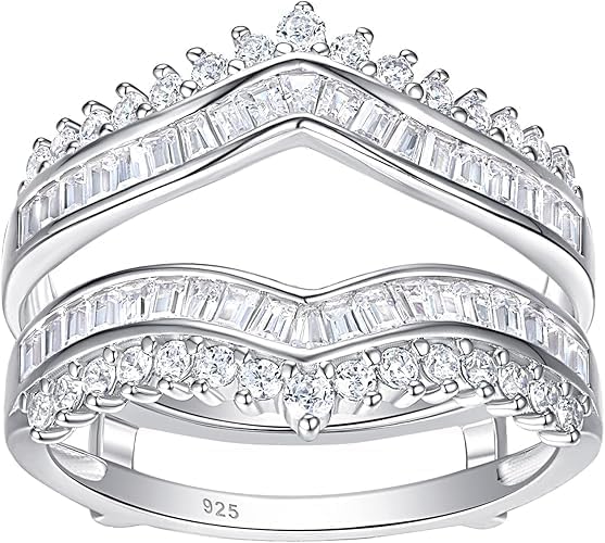 925 Sterling Silver Created White Diamond Baguette and Round Cut Chevron Ring Enhancer | Double Row V-Shape Guard Band for Solitaire Rings | Curved Wedding Ring Jacket for Women | Size 4-13