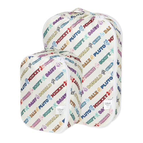 Bumkins Disney Packing Cubes for Travel, Organize Luggage with Compression Bags, Essential Traveling Accessories, Carry On Suitcase for Clothes or Toiletries, Set of 2 Sizes, Mickey and Friends White