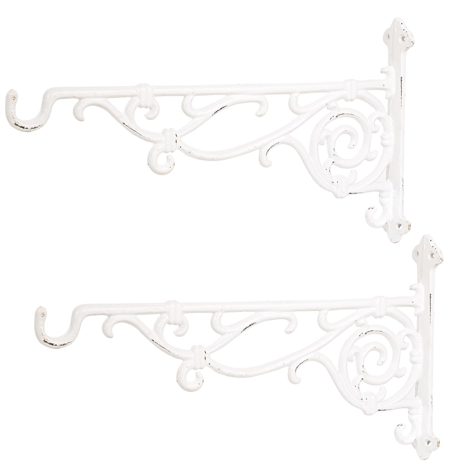 Sungmor Cast Iron Hanging Plant Bracket, 16.5" Large Outdoor Wall Plant Hangers, 2pcs White Heavy Duty Hanging Basket Hooks, Decorative Hooks for Flower Pot, Lantern, Wind Chime, Hummingbird Feeder