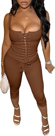 Uni Clau 2 Piece Sets for Women Ribbed Knit Sleeveless Hollow Tie Down Tank Top and Capri Legging Bodycon Set Jumpsuits