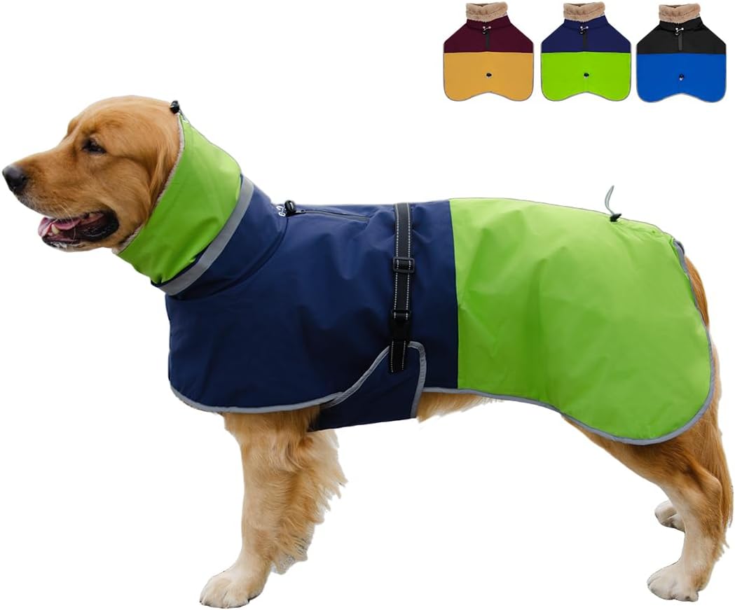Waterproof Dog Winter Coat, Reflective Turtleneck Fleece Jacket with Snow Protection for Large Dogs, Cold Weather Pet Clothing (Green, 6XL)