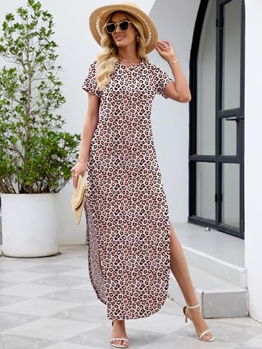 Image of Heymoments Womens Summer Maxi Dress Short Sleeve Casual Loose Long T Shirt Split Vacation Beach Sundress with Pockets