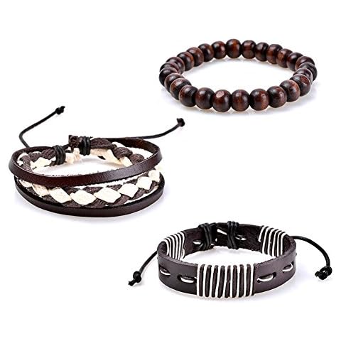 litymitzromq Bracelet 3Pcs Retro Braided Wooden Beads Faux Leather Bracelets Bangles Jewelry for Men Handmade Wristband Braided Rope Cuff Bangle_ Coffee Cover