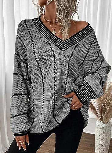 Image of Dokotoo Womens Oversized Striped Tunic Sweaters Casual V Neck Long Sleeve Color Block Knit Pullover Jumper Tops