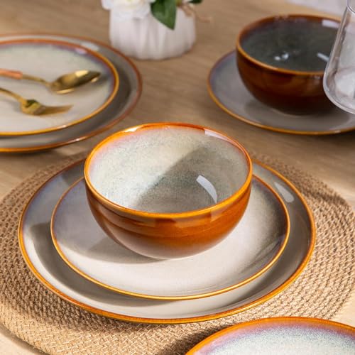 Image of LeRatio Ceramic Dinnerware Sets for 6,18-Piece Plates and Bowls,Handmade Reactive Glaze Dishes Set,Chip Resistant and Scratch Resistant | Oven Dishwasher & Microwave Safe,Service for 6-Kahki