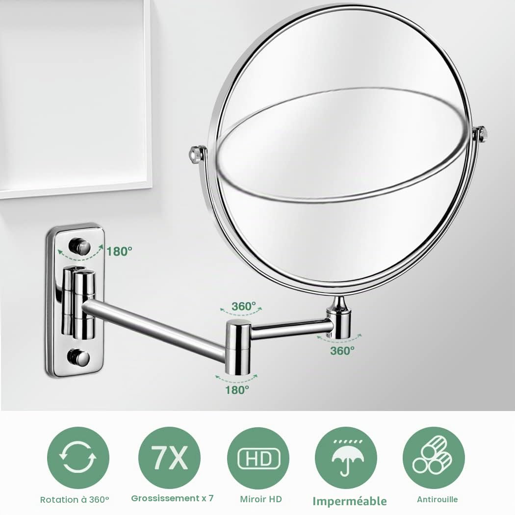 Miroir cosmétique avec grossissement 1x/7x - Miroir de Rasage Double Face - Pivotant à 360° pour Salle de Bain, Studio de beauté, Spa, hôtel Ø 20cm