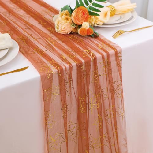 Fall Maple Leaves Terracotta Gold Table Runner Glitter Sheer Gauze 10ft