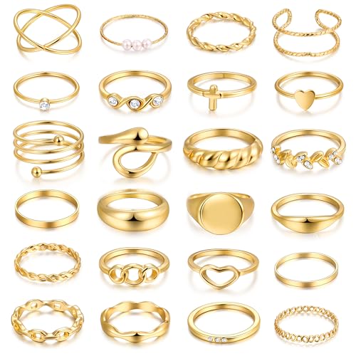 FAXHION 24-60 Pcs Gold Stackable Rings for Women, Knuckle Rings Chunky Gold Ring Set Dainty Stacking Cute Rings, Multiple Sizes Cute Jewelry Set Gift (Gold-24 Pcs)