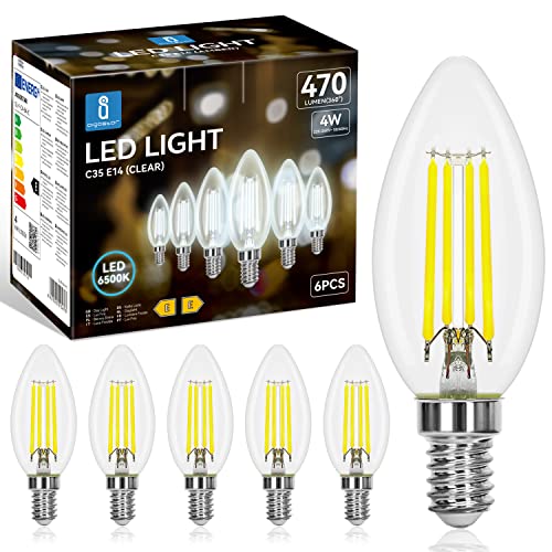 Aigostar Lampadina Stile Vintage Filamento LED E14 C35, 4W (Equivalenti a 40W), 470 Lumen, Luce Fredda 6500K, CRI＞80, Trasparente Lampadine LED, Pacco da 6