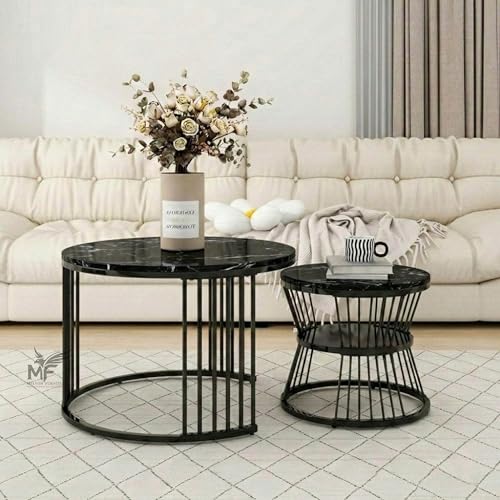 Image of MELVON Lightweight Nesting Coffee Table Set of 2, Full Black Metal Frame with Black Marble Look Top, Round Center & Side Tables for Living Room