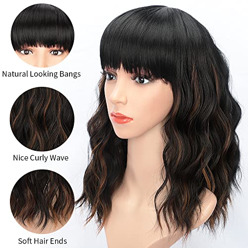 Image of AISI HAIR Wavy Bob Wigs with Bangs for Women Black Mixed Brown Color Short Wavy Bob Curly Wig Synthetic Natural Looking Heat Resistant Fiber Hair for Women
