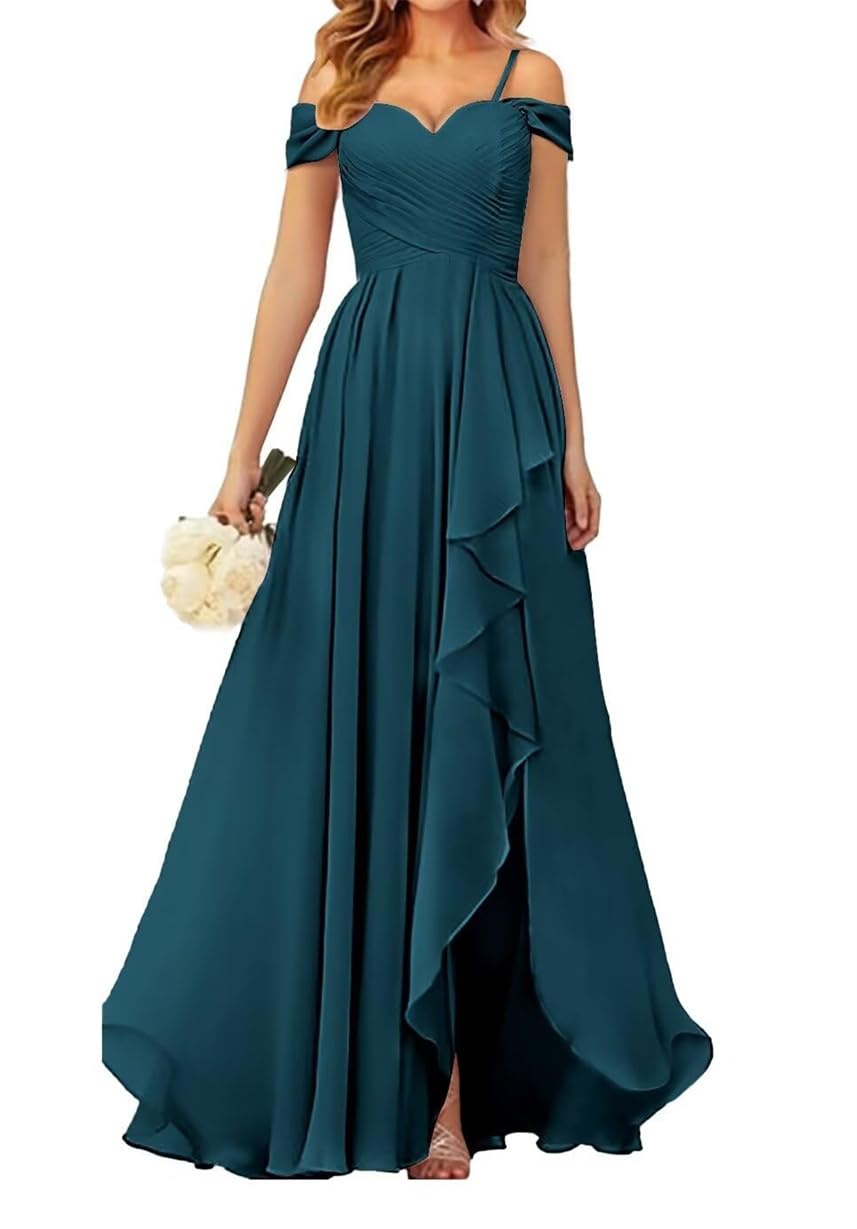 WSEYU Off Shoulder Bridesmaid Dresses for Wedding Chiffon Prom Dresses Long Formal Evening Gown with Slit Peacock UK8