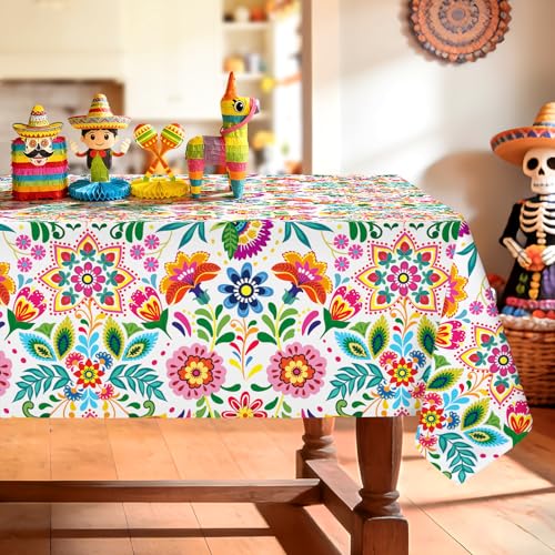 hometrixx Mexican Rectangle Tablecloth Cinco De Mayo Fiesta Floral Washable Wipeable Polyester Table Cloth Stain Wrinkle Resistant Oil Proof Decorations Table Cover for Dinner Picnic 60x84inch White