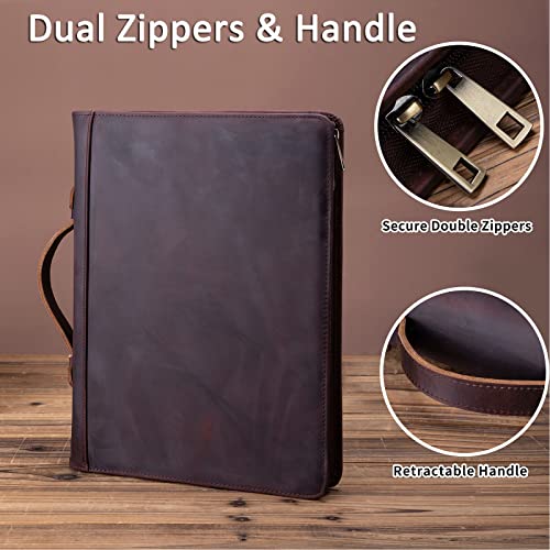 Geslun Genuine Leather Portfolio With Handle And Zipper, Full Grain Leather Padfolio 3 Ring Binder, A4 Clipboard Laptop Sleeve Business Organizer Gift For Men And Women, Dark Brown #TOP2