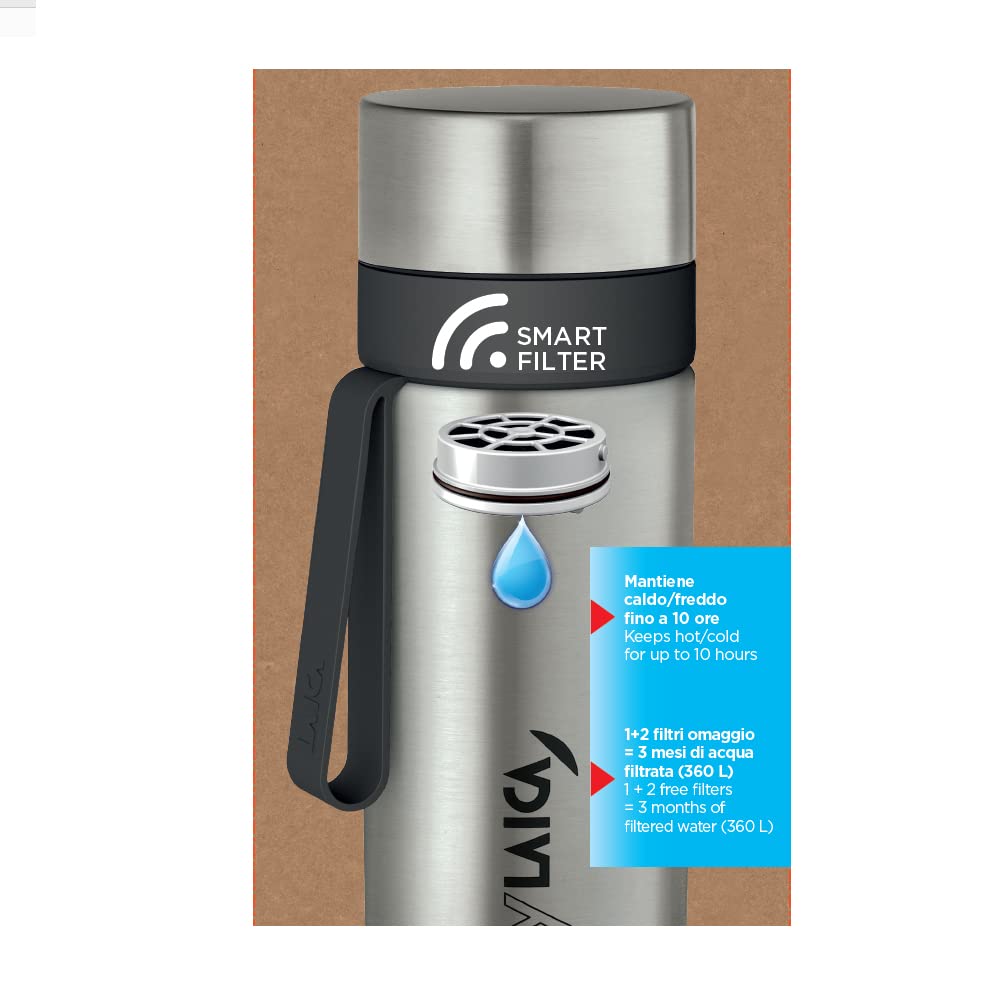 Bottiglia Filtro Acqua LAICA, myLAICA Caraffa Filtrante in Acciaio Inox - Include 1 Cartuccia Filtro Acqua FAST DISC 30 Giorni, per Acqua dal Gusto Ottimo