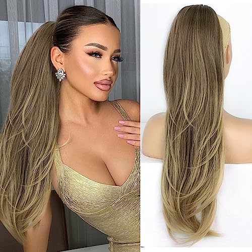 PORSMEER Ponytail Extension,Drawstring Ponytail Hair Extensions Ombre Brown 26 Inch Long Natural Straight Wavy End Synthetic Hairpiece for Women Girls Daily Use/Party