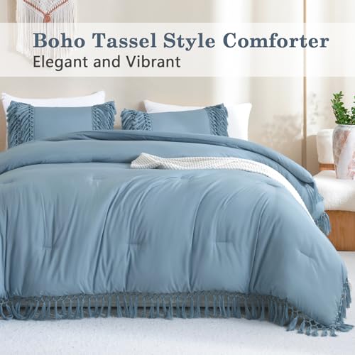 Image of Andency Grayish Blue Comforter Set Queen, 3 Pieces Boho Tassel Lightweight Soft Bedding Comforter Sets, All Season Fluffy Fringe Bed Set (90x90In Comforter & 2 Pillowcases)