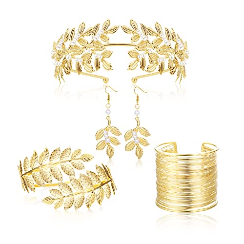 Fansilver Greek Goddess Costume Accessories for Women Gold Headpiece Upper Arm Cuff Bracelet Dangle Earring Goddess Gold Jewelry Set for Bridal Wedding Toga Party
