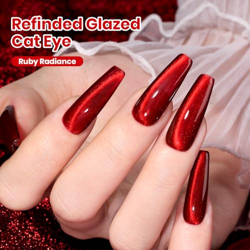 Image of Beetles Stay Shining Ruby Radiance Red Cat Eye Gel Nail Polish - 15ML Red Cat Eye Glitter Gel Polish Magnetic Shimmer Effect Soak Off UV Design Salon DIY Manicure Gifts for Women