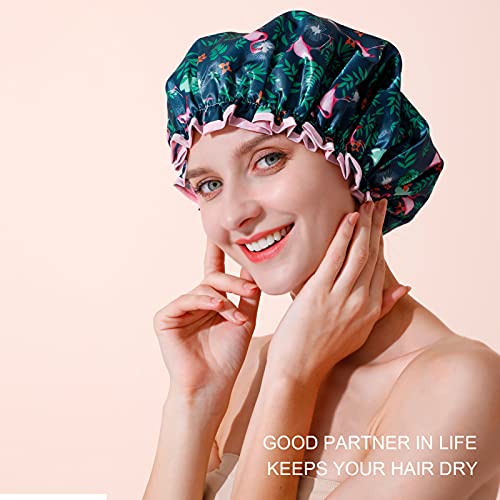 Shower Cap, BEAUTAIL Reusable Bath Shower Caps for Women Long Hair, Double Layer Waterproof Bathing Shower Hat Hair Protector for Kids Girls Men, Flamingo, 1 Pack