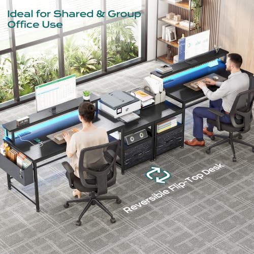 Image of EnHomee 56.5 inch Office Desk with Drawers & Printer Space for Home Work,Black | Computer Desk with 3 AC Outlets& 2 USB Ports,Waterproof LED Strip Lights,Monitor Stand & Side Pockets,Home Office,Bedroom