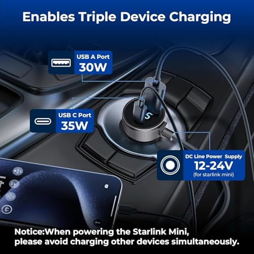 Image of Starlink Mini Cable, 3 in 1 Starlink Mini Car Charger DC Power Cable+ Cigarette Lighter Adapter 12V-48V with Digital Display, Durable USB C PD 40W and USB A 35W Ports for Trucks and Cars (16.4FT)