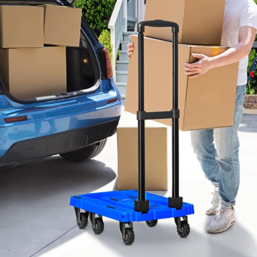Image of MoNiBloom Folding Hand Truck with 6 Wheels, Adjustable Handle Collapsible Utility Trolley for Car Luggage House Office, 441 lbs Load Capacity, Blue